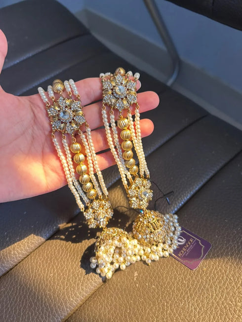 Pearl & Crystal Long Jhumka Earrings Tika