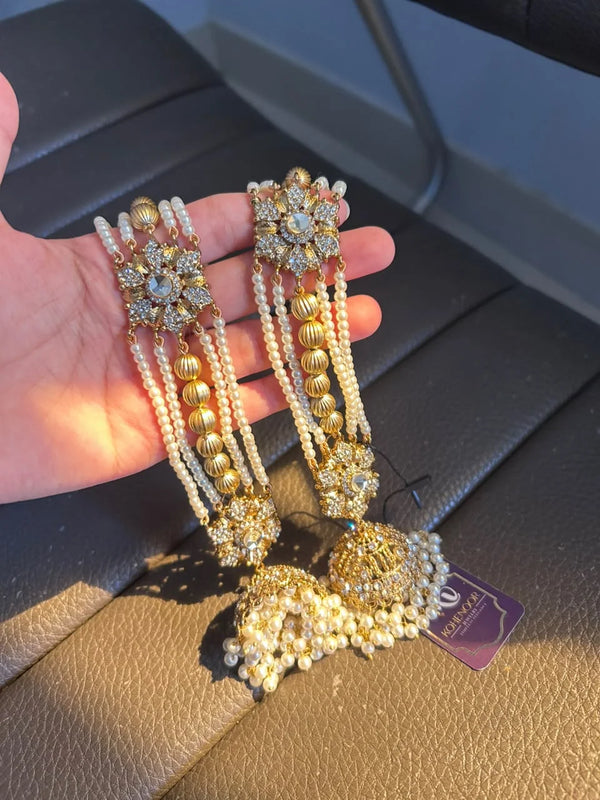 Pearl & Crystal Long Jhumka Earrings Tika