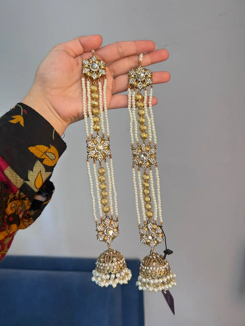 Pearl & Crystal Long Jhumka Earrings Tika