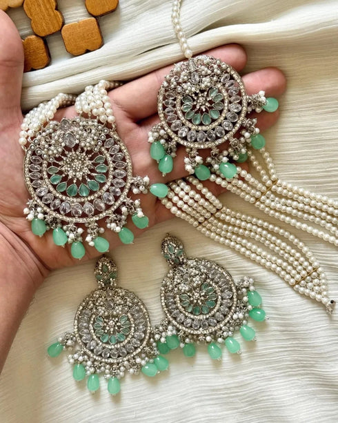 Silver &Mint Green Kundan Pearl Mala Set