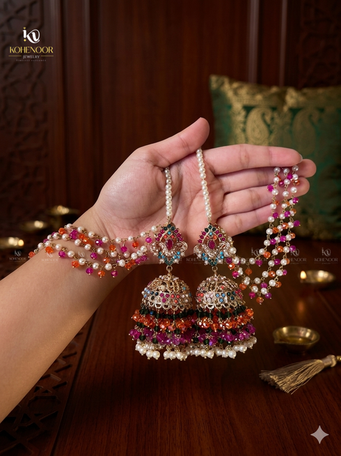 Royal Nauratan Pearl Jhumke with Beaded Sahara