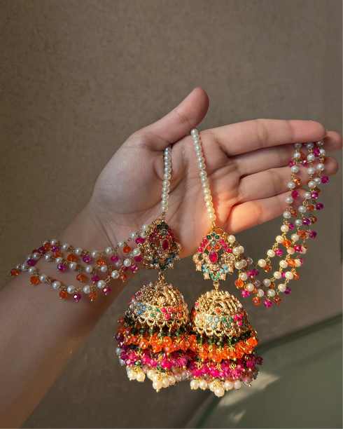 Royal Nauratan Pearl Jhumke with Beaded Sahara