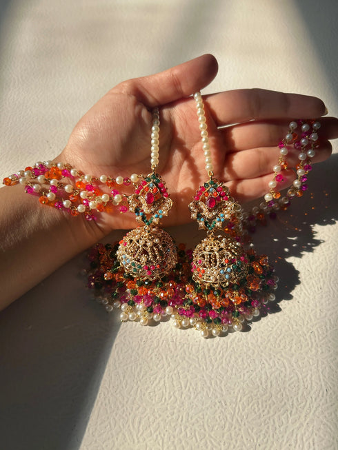 Royal Nauratan Pearl Jhumke with Beaded Sahara